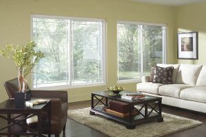 Indoor shot of two beautiful large living room windows looking out on woodsy landscape
